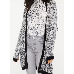 NWOT XS Ann Taylor Grey Black Snow Leopard Long Button Up Boyfriend Cardigan